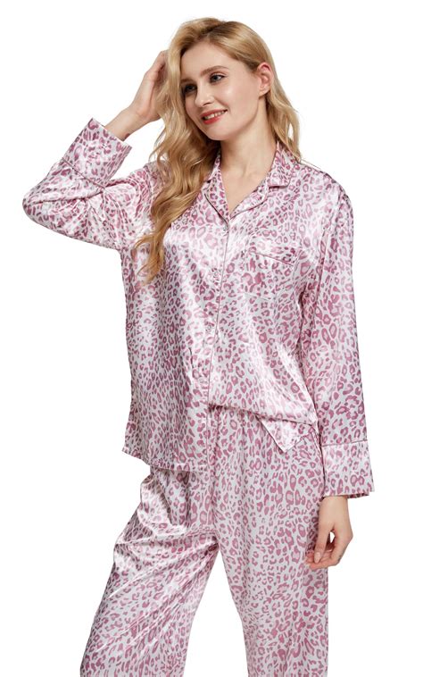 Women's Silk Satin Pajama Set Long Sleeve-Pink Leopard Print – Tony ...
