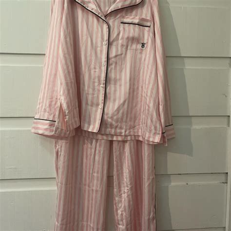 Pink and white striped Victoria's Secret pajama set... | Depop