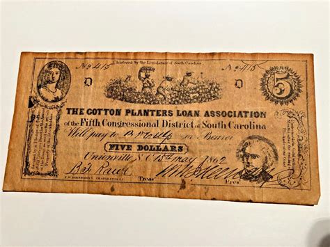 1862 $5 The Cotton Planters Loan Association Unionville SOUTH CAROLINA ...