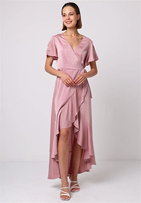 Satin Ruffle Wrap Midi Dress in Dusty Pink | ANGELEYE – jqwholesale.com
