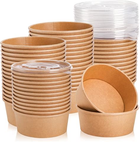 Lyellfe 50 Pack Kraft Paper Bowls with Lid, 25 Oz Disposable Soup Salad ...