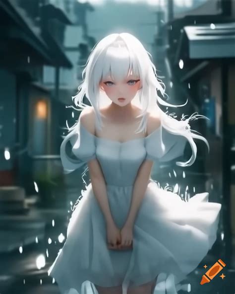 Realistic anime woman with white hair and dress in the rain on Craiyon
