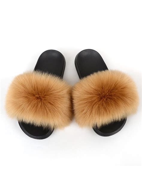 Zodanni Women Fuzzy Slippers Color Block Fluffy Slides Furry Slipper ...