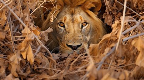 Premium AI Image | a majestic lion seamlessly melds with its environment showcasing its innate ...