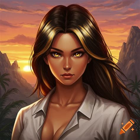 A woman with golden eyes and highlights in her hair, set against a ...