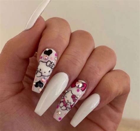 White gel nails hello kitty design glitter long nails cute | Acrylic nails, Gel nails, Pink ...