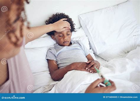 Sick Child in Bed, Mother Check Temperature and Fever, Cold or Flu with ...
