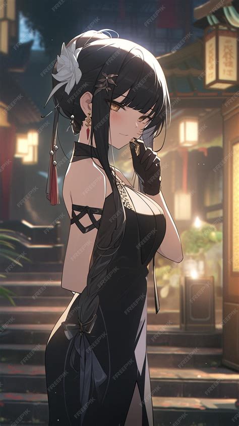 Premium Photo | Anime girl in black dress standing in front of a ...