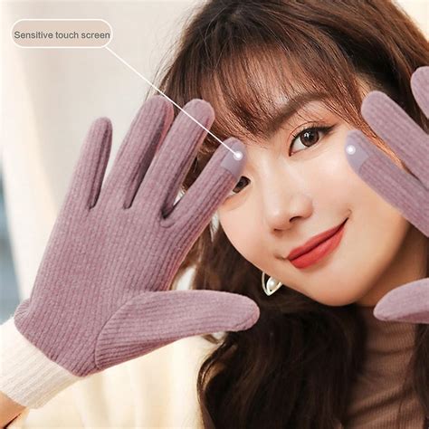 Women Gloves Winter Furry Warm Mitts Full Finger Mittens Outdoor Female ...