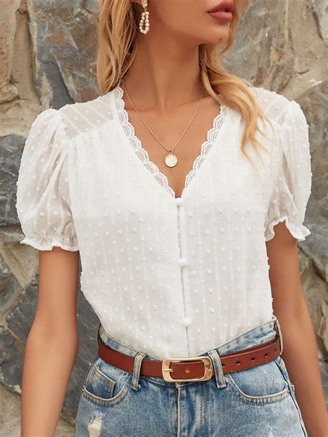 Swiss Dot Contrast Lace Chiffon Blouse | Short sleeve lace shirt, White ...
