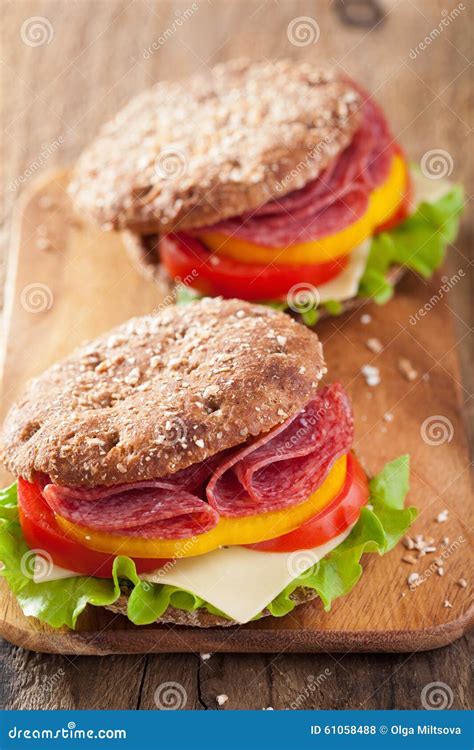 Healthy Salami Sandwich with Tomato Pepper and Lettuce Stock Photo ...