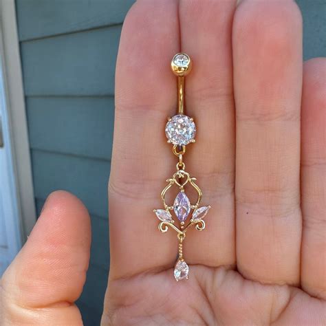 Gold Dangly Belly Button Piercing, Elegant Long Navel Jewelry Piercing ...