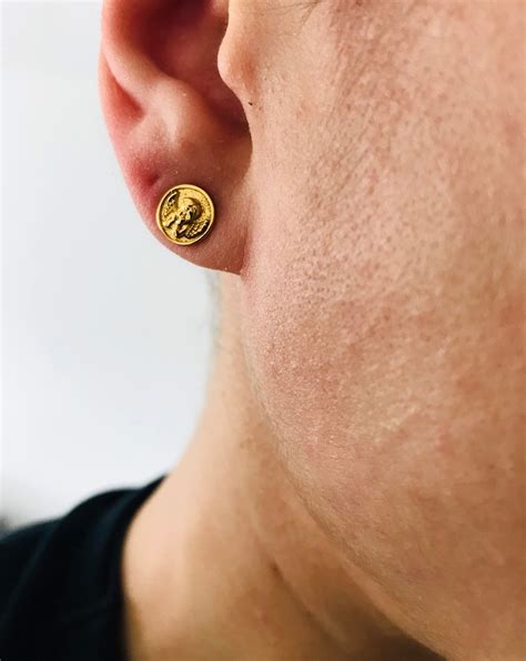 Gold Coin Cupid Circular Stud Earrings Earrings for Men , Mens Earrings ...