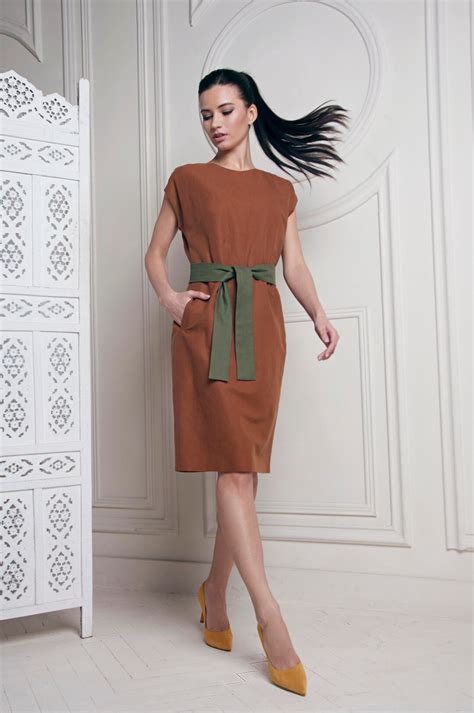 Brown Linen Dress With Belt, Orange Dress, Summer Dress, Plus Size ...