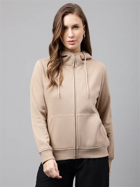 Hancock Women Beige Solid Front Open Zipper Hooded Sweatshirt