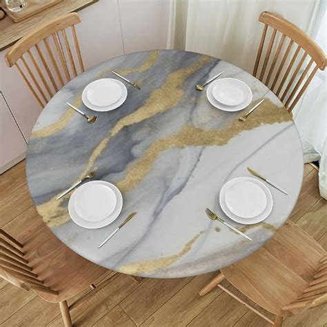 ONETECH White Gold Marble Texture Round Tablecloth Elastic Edged ...