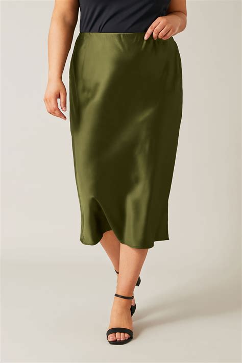 EVANS Plus Size Khaki Green Midi Satin Skirt | Evans