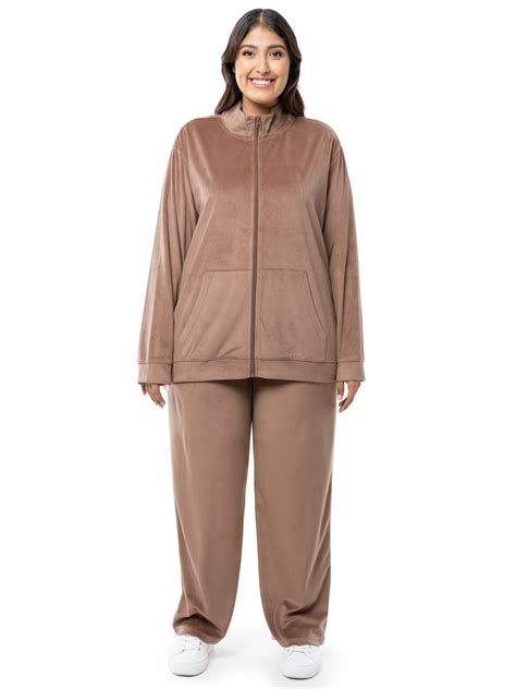 Athletic Works Women's Plus Size Active Velour Zip-Up Tracksuit Set, 2 ...