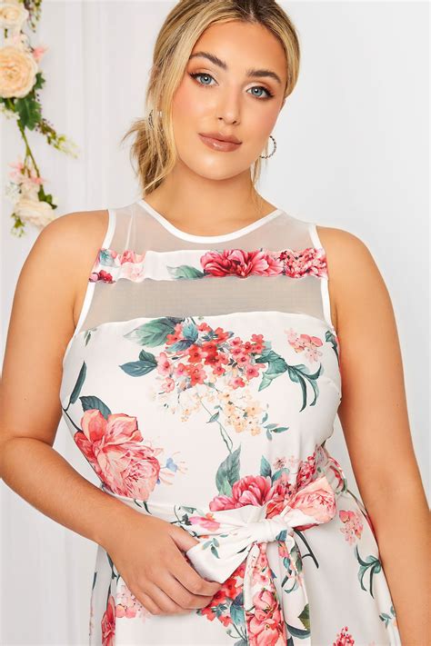 YOURS LONDON Curve Plus Size White & Pink Mesh Floral Skater Dress ...