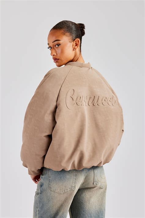 Cernucci Cropped PU Puffer Bomber Jacket - Taupe | Womens Outerwear ...