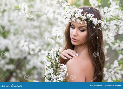 Sensual Nude Woman with Wreath and Cherry Branches Enjoys the Summer ...