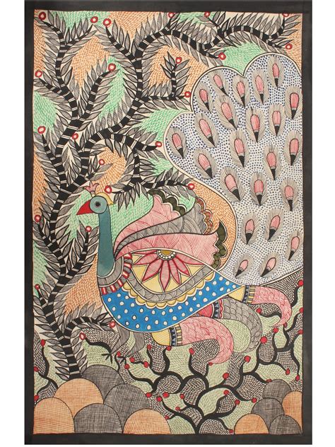 Peacock with Long Tail | Madhubani Painting | Exotic India Art