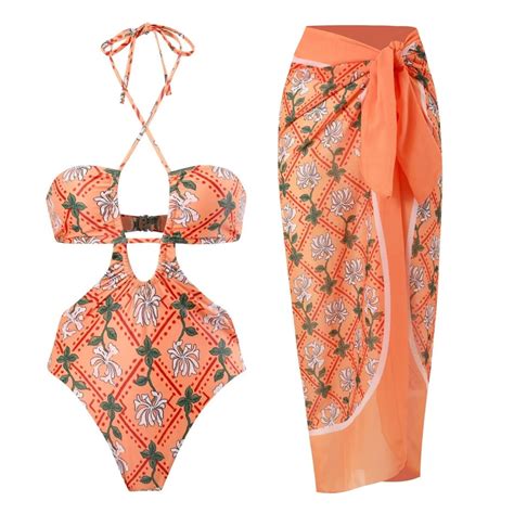 High Leg One Piece Swimwear Women Print Swimsuit Cut Out Bathing Suit ...