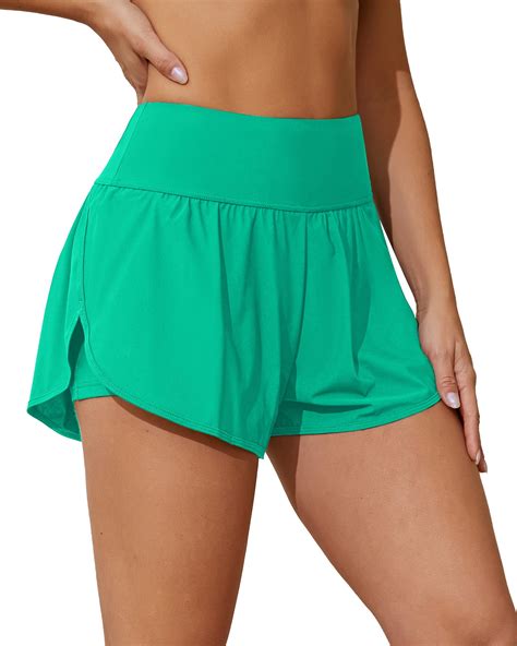 Charmo High Waisted Sport Swim Shorts for Womens Side Slits Boardshorts ...