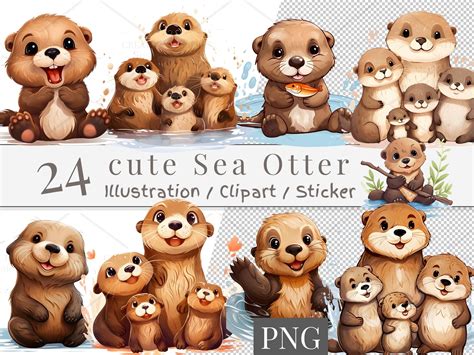24 Digital Cute Sea Otter Clip Art Set, Cute Sea Otter Sticker ...