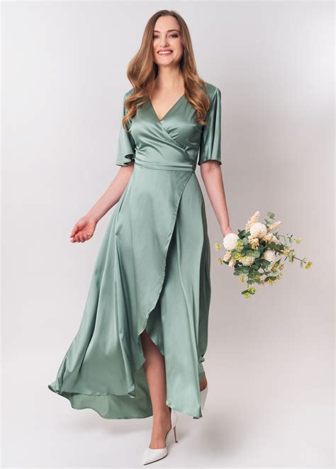 Sage green silk satin long wrap dress silk dress wrap dress bridesmaid ...