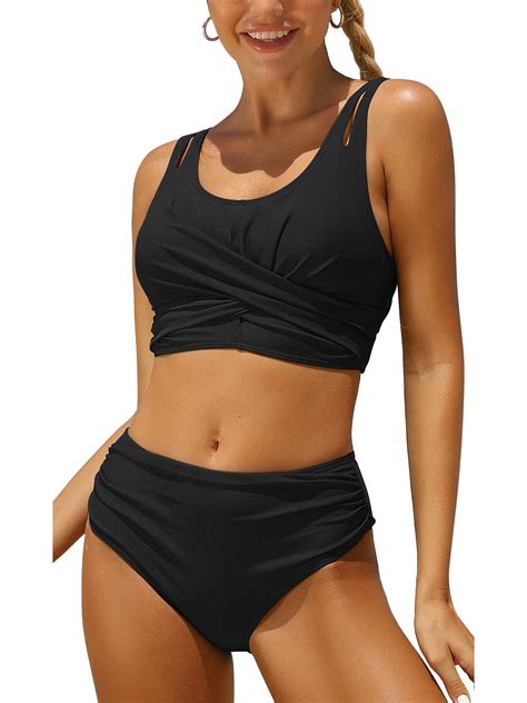 Charmo Womens High Waisted Bikini Crop Top Two Piece Swimsuit Ruched ...