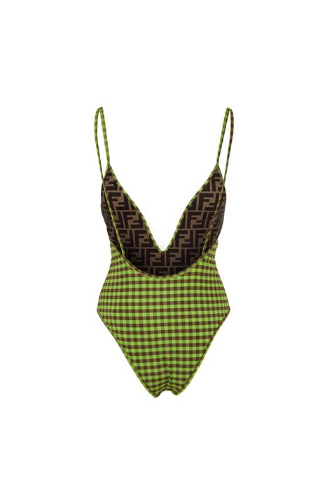 Fendi - Pine Plaid & FF Logo V-Neck Bathing Suit