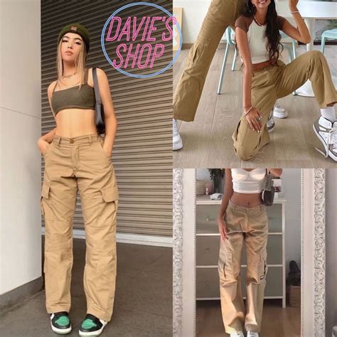 DaviesShop Khaki Cargo Pants Six Pockets Straight Cut Loose Fit High ...