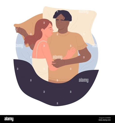 Sleeping couple in bed. Dreaming together in bedroom, bedtime vector ...