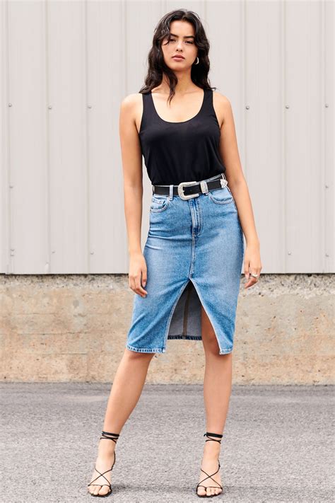 How To Wear Midi Jean Skirt at Willard Madrigal blog