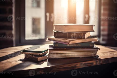 Stack of books on the table an open book or textbook education ...