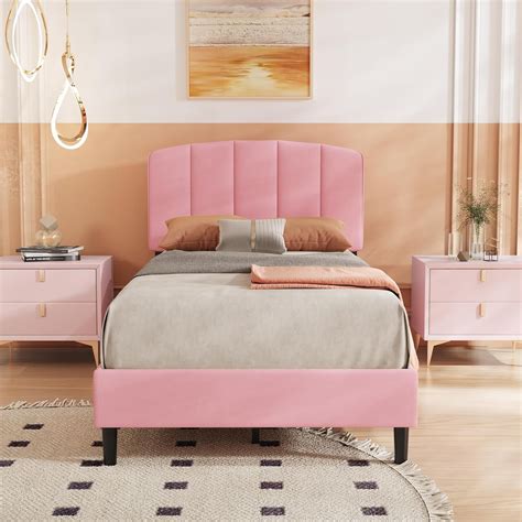 Alazyhome Twin Size Velvet Upholstered Bed Frame with Headboard, Pink ...