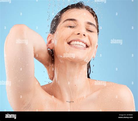 Water, skincare and beauty with woman in shower for cleaning, cosmetics ...