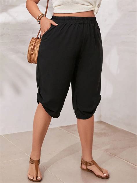 SHEIN VCAY Plus Size Women's Elastic Waist Ruched Hem Rolled-Up Capris ...