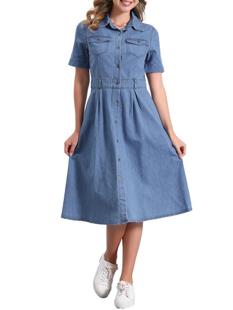 INSPIRE CHIC Women's Denim Dress Short Sleeves Turndown Collar A-Line ...