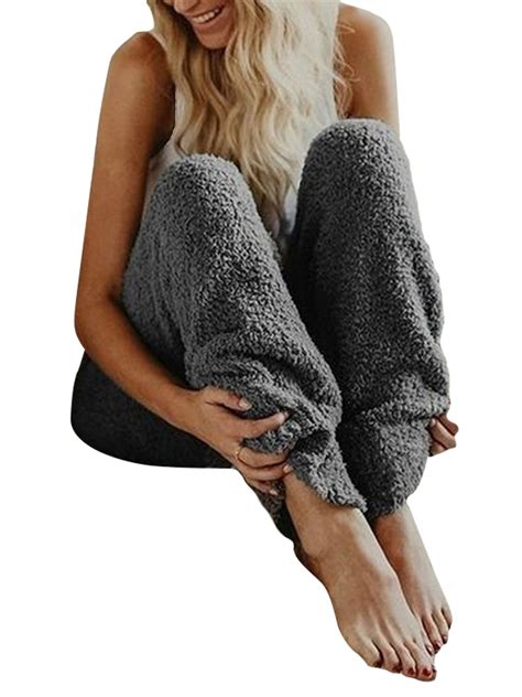 Women Fleece Plush Fluffy Fuzzy Lounge Pants Casual Knitted Sleepwear ...