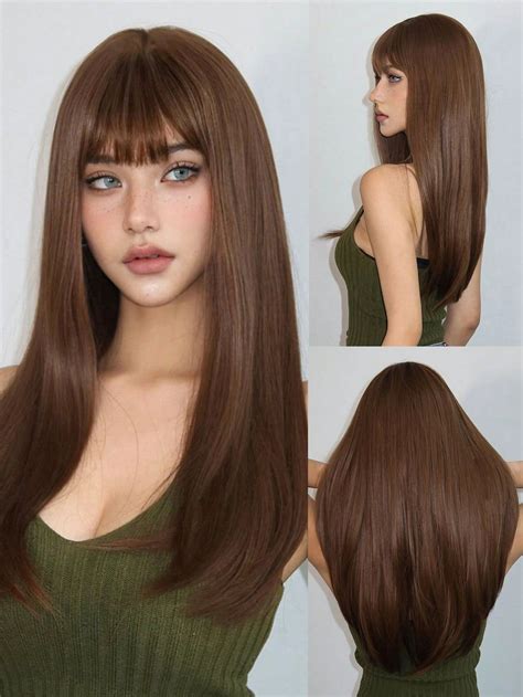 26 Inch Old Money Brown Natural Long Straight Hair With Bangs Synthetic ...