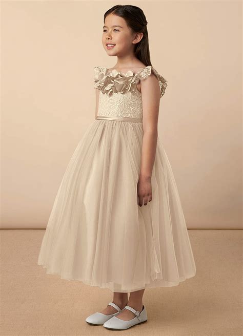 Champagne Azazie Demetra A-Line Lace Tulle Ankle-Length Dress | Azazie