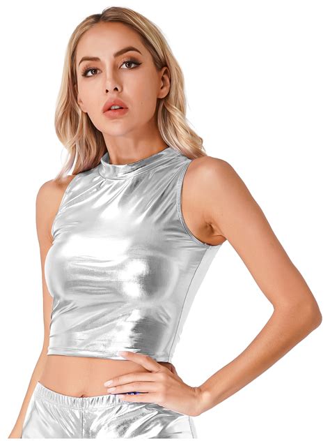 Women's Shiny Metallic Leather Dance Set Crop Tank Tops with Flared Pants Clubwear | eBay