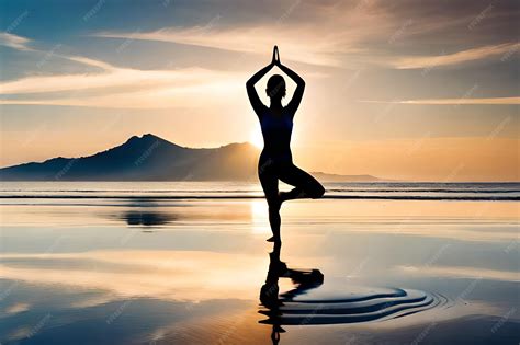 Premium Photo | A woman doing yoga on the beach with a mountain in the background.