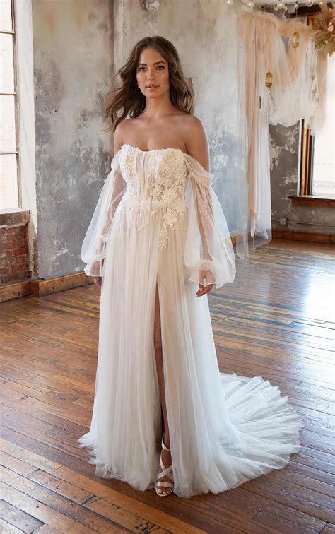 Ethereal Tulle Off-the-Shoulder A-Line Wedding Dress with Detachable ...