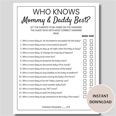 Who Knows Mommy and Daddy Best Baby Shower Game, Printable Who Knows ...