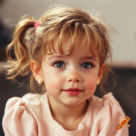 Close-up portrait of a young girl with blonde hair and a ponytail ...