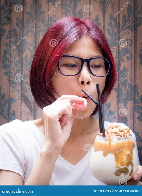 Red Hair Asian Nerdy Girl Having Chocolate Shake Stock Image - Image of ...