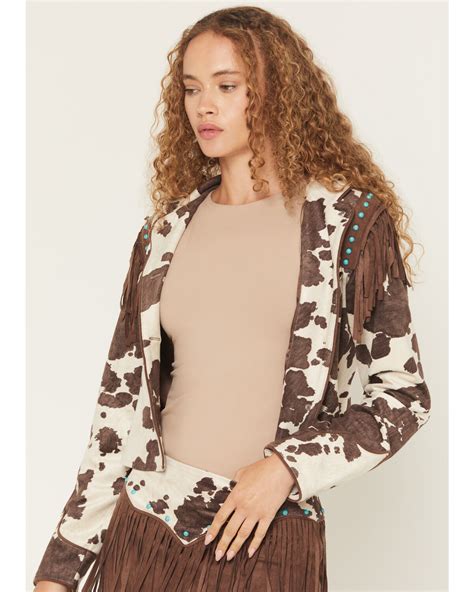 Shyanne Women's Porter Cow Print Faux Suede Embellished Fringe Moto Jacket, Brown